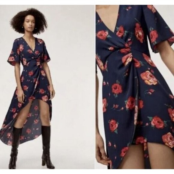 Aritzia Babaton Jedd Navy With Rose Design, High-low Hemline, Wrap Dress Sz 0 XS - Picture 1 of 6